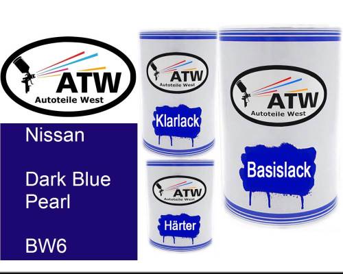 Nissan, Dark Blue Pearl, BW6: 500ml Lackdose + 500ml Klarlack + 250ml Härter - Set, von ATW Autoteile West.